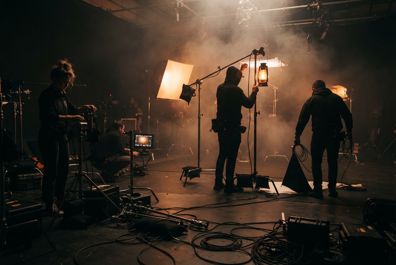 Crew lighting a set during a studio production